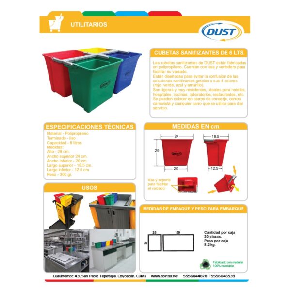 Cubeta sanitizante con asa y vertedero 6 litros.