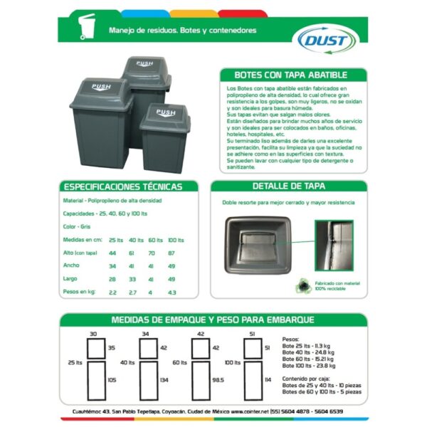 Cesto cuadrado 25, 40, 60, 100 litros con tapa abatible